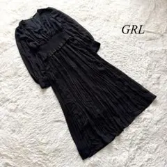 C4【グレイル】シャーリングフリルプリーツワンピース　黒　S ガーリー　上品