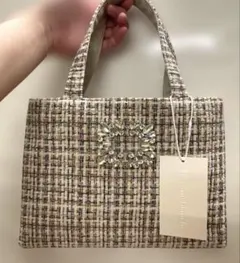 ベージュ　ツイード　ハンドバッグ　チェック柄　ハンドメイド