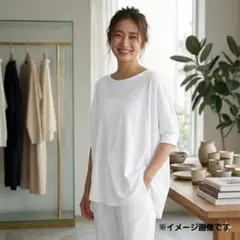 美品　インディヴィ　カットソー　半袖【38】ドルマンスリーブ　プリーツ　ホワイト