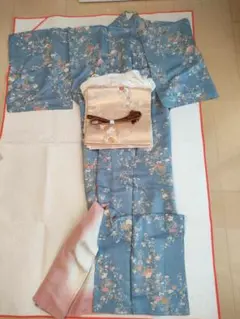 美品　正絹　袷　青色　小花　小紋　着物 袋帯付き　セット
