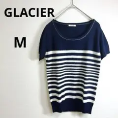 GLACIER 半袖ニット M ネイビー/ホワイト ラメ　ストライプ　グラシア