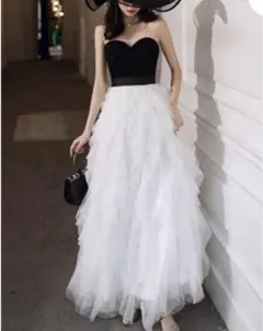 【ウェディング、前撮り用】韓国風 ロングドレス ブラック/ホワイト