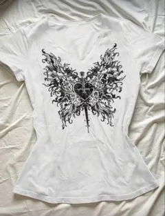 SHEIN バタフライ&ハートプリントＶネックTシャツ ピチT グランジ y2k