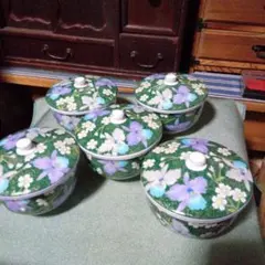 蓋付き湯呑み　緑彩記　蓋付き煎茶揃え５客セット