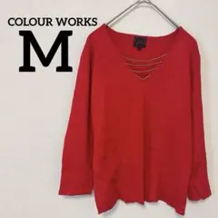 COLOUR WORKS 【M】赤 Vネック長袖ニット チェーン付き