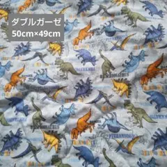 ダブルガーゼ　はぎれ　恐竜　ダイナソー　英字　水色　ティラノ　トリケラ　ブラキオ