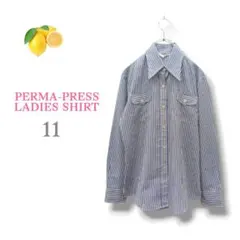 13『パーマネントプレス』ストライプ 長袖シャツ【L】ワイシャツ ブルー 青のサムネイル