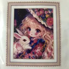 F6号】水森亜土（flower girl ）手描き作品/表裏サイン/油彩/額縁