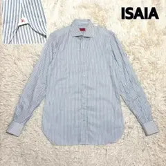 未使用級 イザイア 高級ドレスシャツ ストライプ ブルー 38 イタリアナポリ製のサムネイル