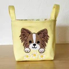 パピヨン ハンドメイド　刺繍　布バスケット　小物入れ