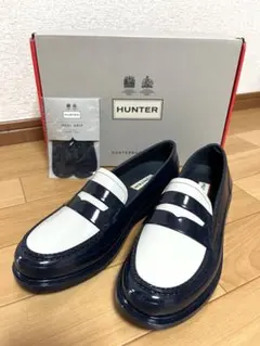 HUNTER ネイビー/ホワイト ローファー　UK4 ヒールグリップ付