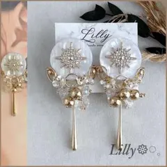 #715大ぶり/ビーズ刺繍/ゴールド/クリア/春夏/ハンドメイドピアスイヤリング