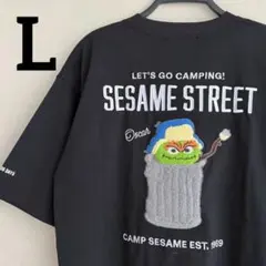 メンズ　セサミストリート　オスカー　ロゴスデイズ　サガラ刺繍　Tシャツ　黒　L