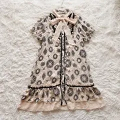 アクシーズファム　ワンピース　チュニック　フリル　レース　総柄　ベージュ　M