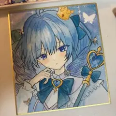 手描きイラスト 色紙 女の子 魔法少女 青 蝶々 水彩画