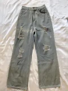 ダメージ加工 グレー ストレートデニム