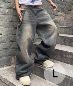 L ワイドデニム バギーパンツ ヴィンテージ風 ストリート Y2K ワイドデニム