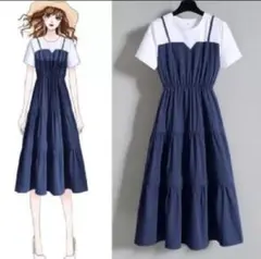 【夏先取りセール】重ね着風ロングワンピース Ｌ ネイビー 春夏 半袖 ドッキング