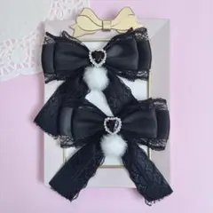 【冬限定】黒 サテンリボン ヘアクリップ 地雷系 量産型 推し活 ファーチャーム