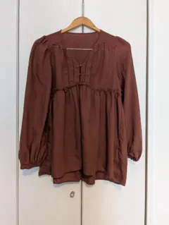 GU コットンレースデザインブラウス(長袖) Lサイズ ブラウン