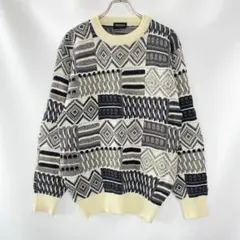 3Dニット セーター 総柄 デザインニット モノトーン L レトロ古着
