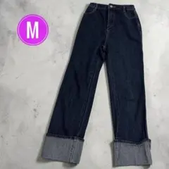 【ロールアップデザイン】デニムパンツ インディゴ M 細身 美シルエット