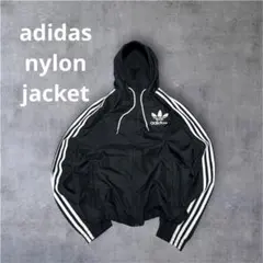 adidas ナイロンジャケット 黒 白 短丈 ドローコードトレフォイル M