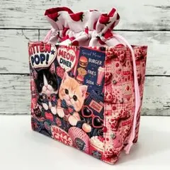 かわいい♡猫ちゃん　巾着袋☆外ポケット☆両面パネル