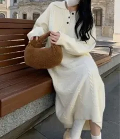 ケーブル編み ニットワンピース