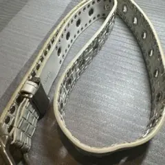 クロコ風レザーベルト ダブルアイレット スタッズ ホワイト 全長約105cm