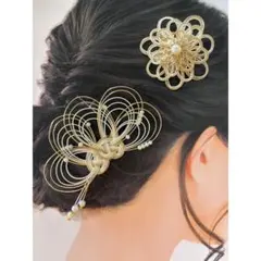 《セットでお得》和装　髪飾り　水引アクセサリー　2点セット　ゴールド×ホワイト