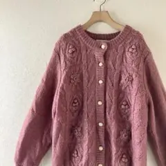 花柄 立体 刺繍 フラワー モチーフ ケーブル編 ニットカーディガン ピンク系