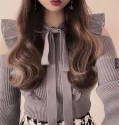 ボウタイ付きショルダーオープンフリルニット　Sサイズ　パープル