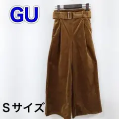 ジーユー GU Sサイズ ワイドパンツ ブラウン ベージュ ベロア ベルト付き