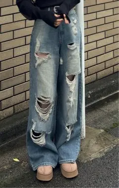 《新品未使用》GRLダメージ加工ライトブルーワイドデニムパンツ