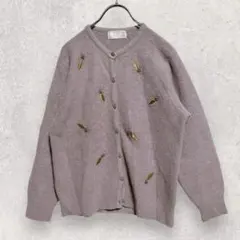 カーディガン L パープル 長袖 刺繍 花柄 ウール混