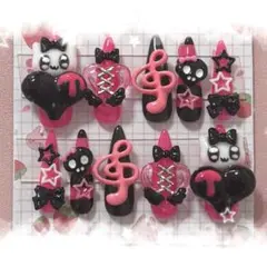 ネイルチップ 量産型 地雷系 平成女児 現品 ピンク×黒 y2k パンク4