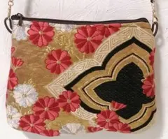 花 菊模様織り出し　着物　帯リメイク 和風ポーチ ショルダーバッグ