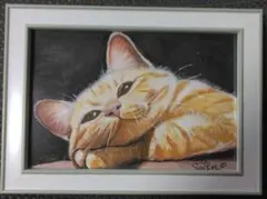 茶トラ猫 手描き原画 （フレーム付き）