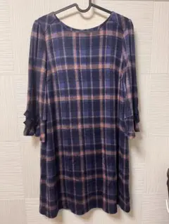 美品　Rose Tiara 42 ネイビー系チェック 七分袖ワンピース