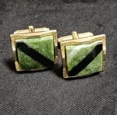 Anson ヴィンテージ カフス　緑と黒のストライプ スクエア型