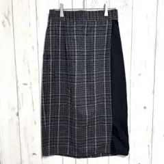 タイトスカート チェック柄 ウエストゴム 異素材 サイドデザイン【M】