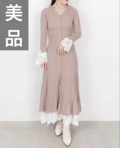 【美品】RANDA レースドッキングフロント釦ニットワンピース　ピンク