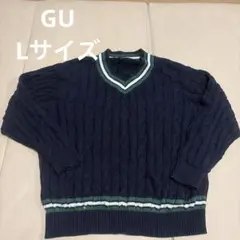 GU ケーブルニット Vネック セーター ネイビー Lのサムネイル