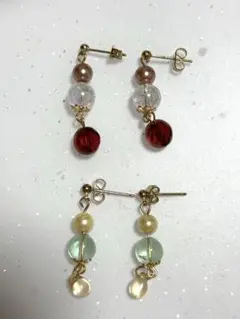 ハンドメイド ピアス 2ペア 赤 透明 チェコビーズ