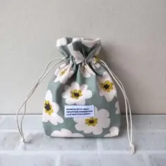 ハンドメイド 巾着袋 ポップフラワー くすみグリーン