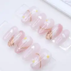 【101】ネイルチップSサイズ ピンク×白 グラデーション 花柄 ミラーライン