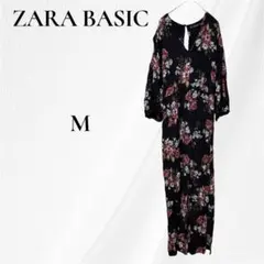 ZARA BASIC ザラ 花柄 ジャンプスーツ M ブラック 七分袖 フラワー