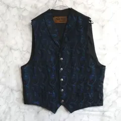 93　襟付スーツベスト　L　青黒　ペイズリー柄　US古着