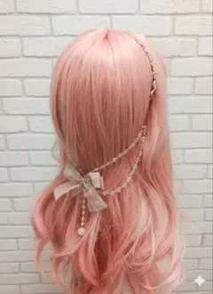 ​【ハンドメイド】バックカチューシャ 2連ビーズチェーン リボン パール